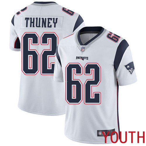 New England Patriots Football 62 Vapor Untouchable Limited White Youth Joe Thuney Road NFL Jersey